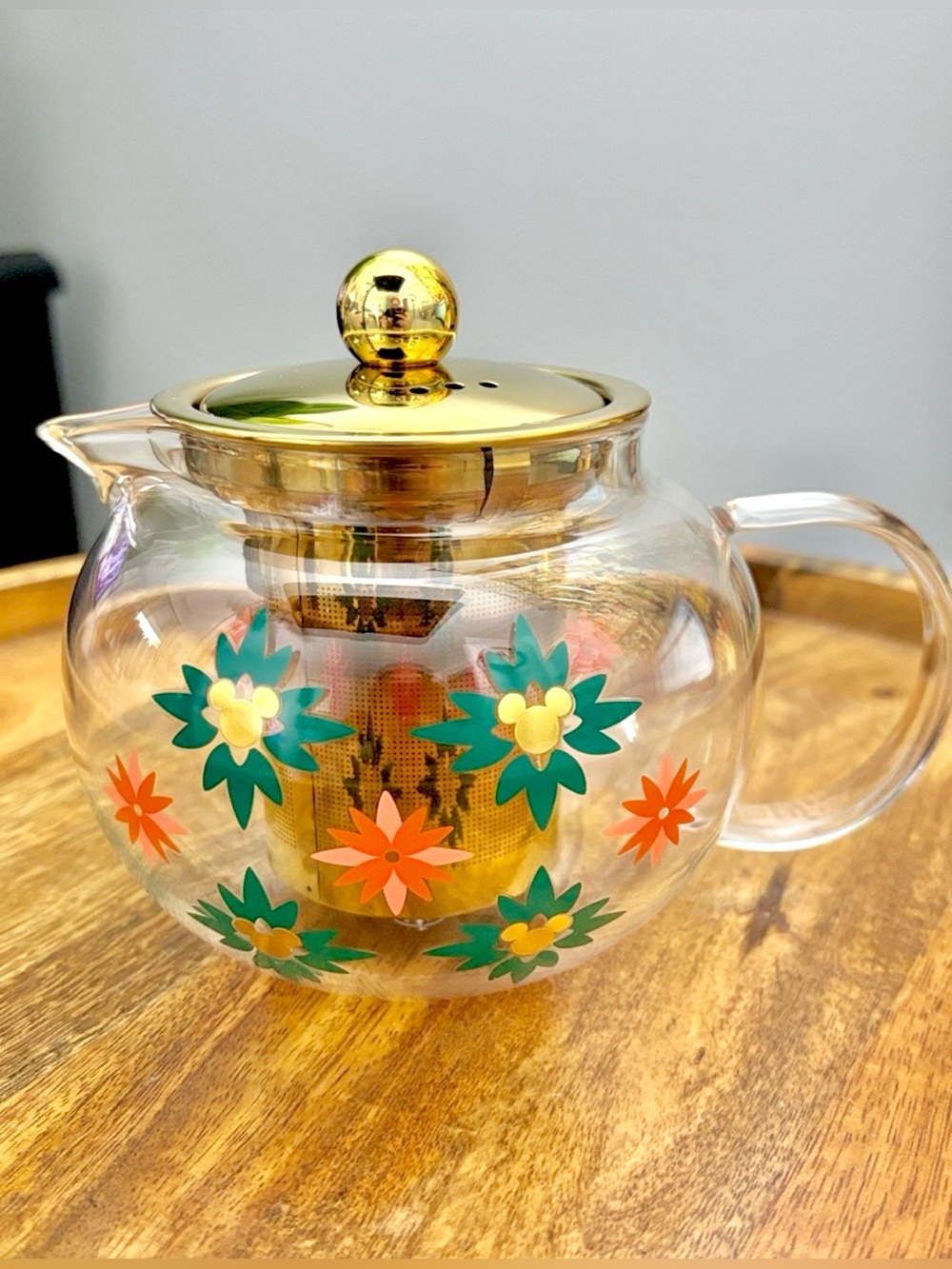 Disney Glass Teapot Infuser Loose Leaf Tea Gold Lid Floral Design Teal & Orange